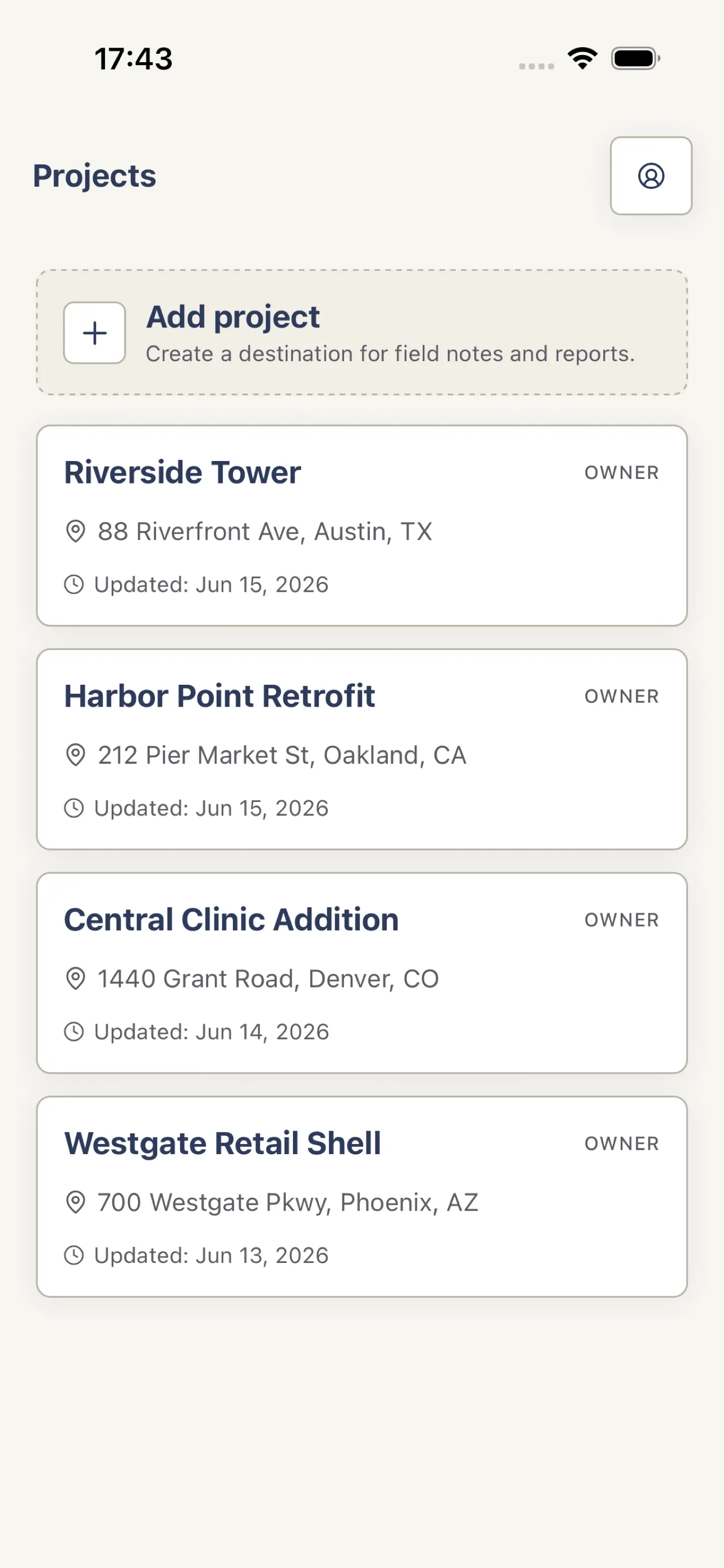 Harpa Pro Projects list with the Add project action