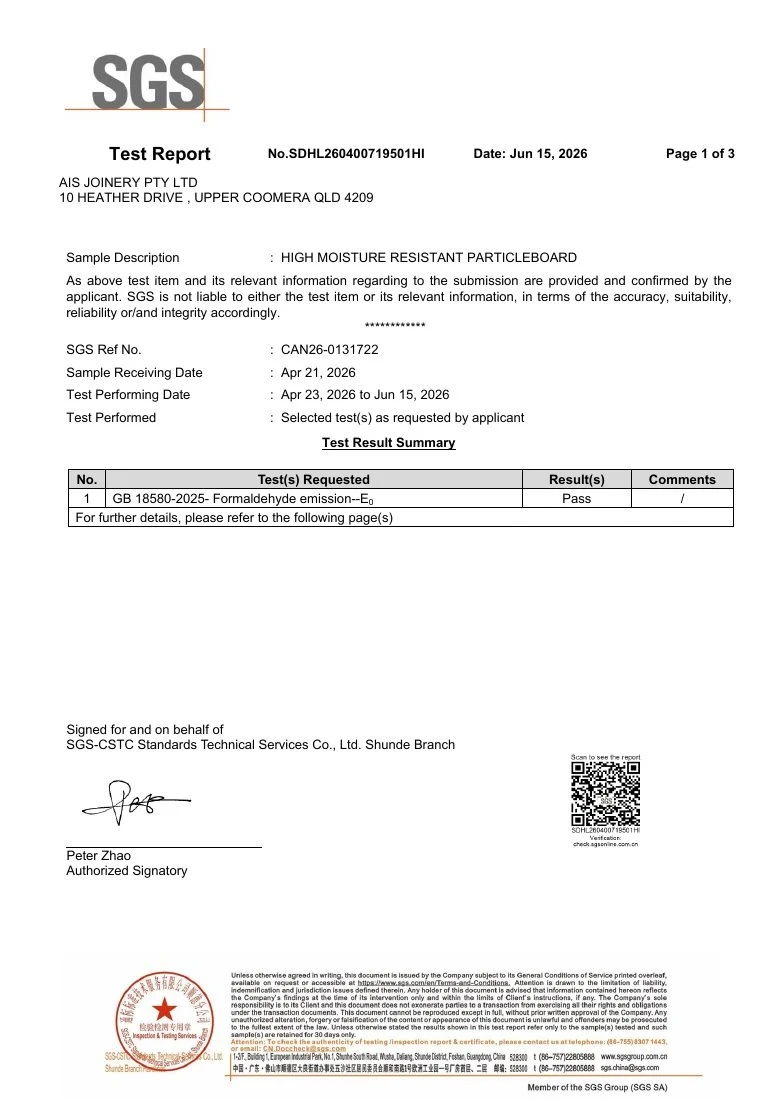 First page of the AIS HMR particleboard formaldehyde test report