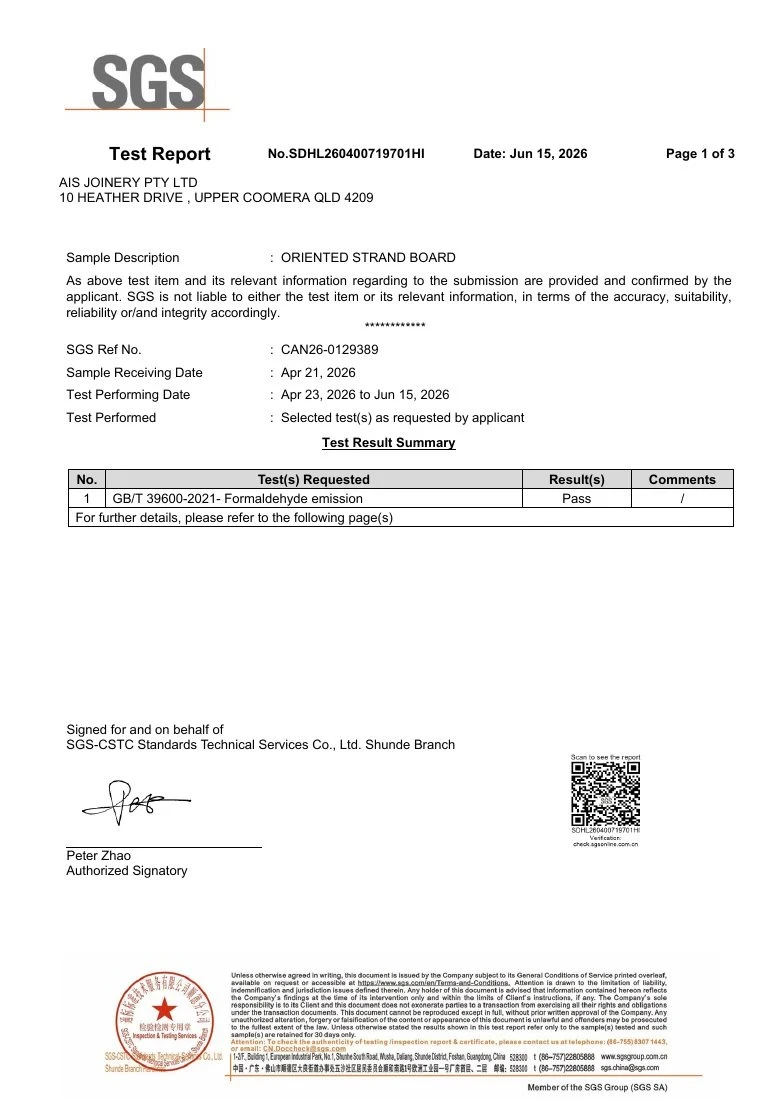 First page of the AIS oriented strand board formaldehyde test report