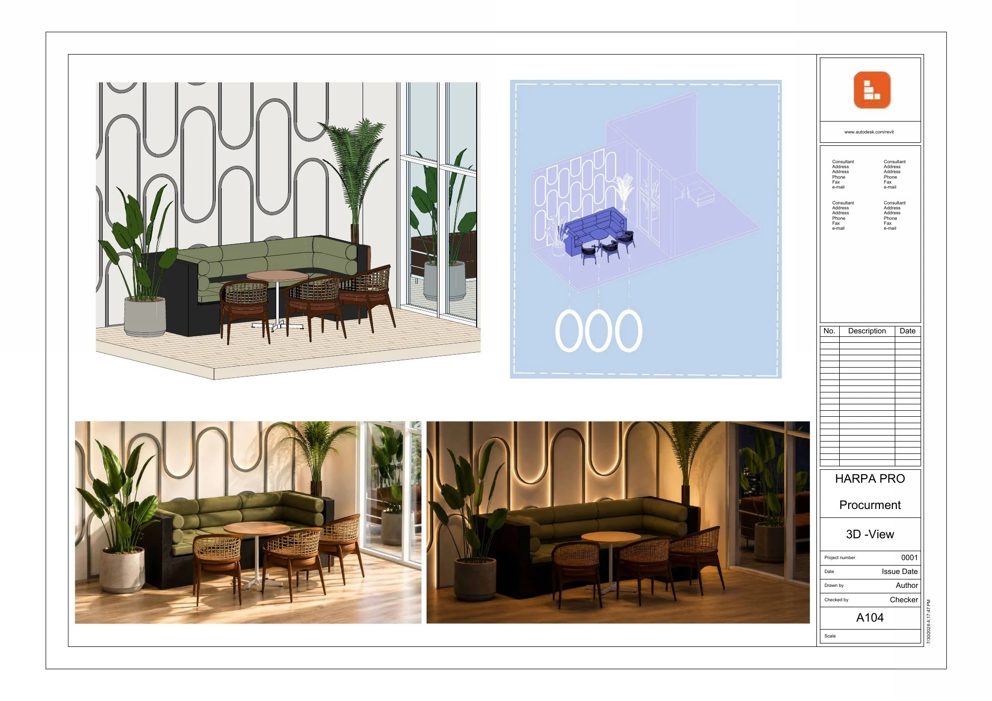 Revit A104 coordination sheet with 3D interior views