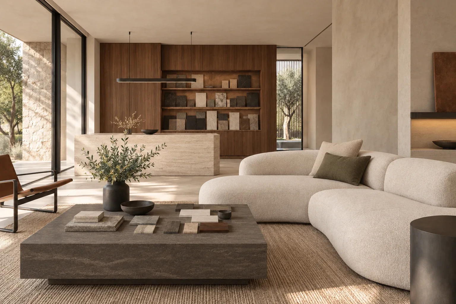 Generated interior concept with warm wood finishes in a contemporary living room
